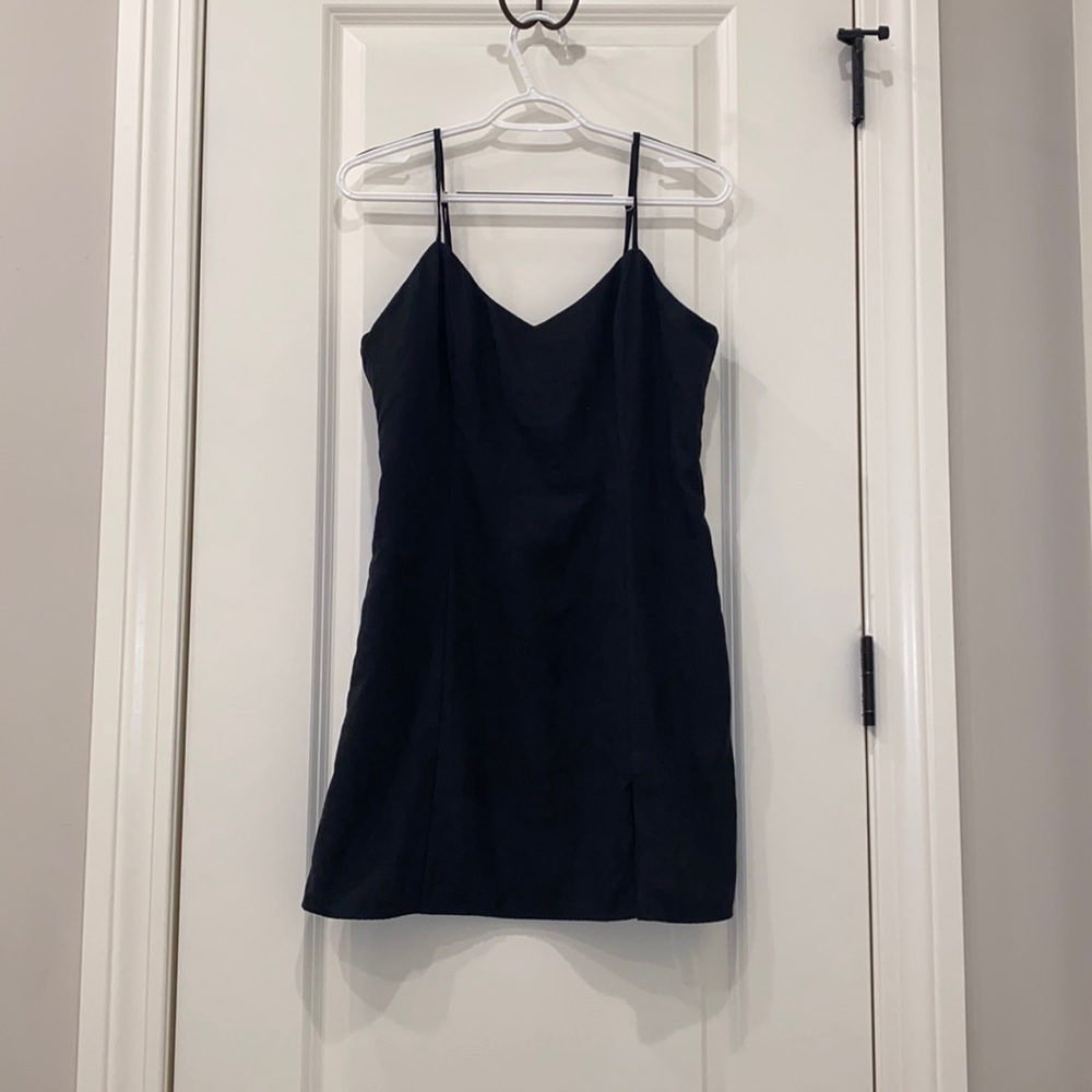 Spaghetti strap black dress with slit